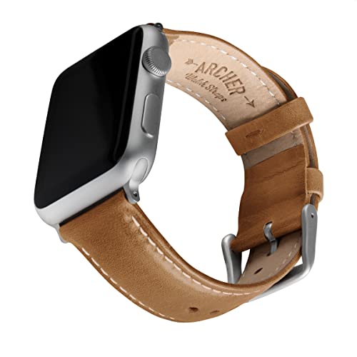 Archer Watch Straps - Uhrenarmbänder aus Hochwertigem Genarbtem Leder für Apple Watch (Kamelfarben/Naturweißes Garn, Silber, 38/40/41mm) von Archer Watch Straps