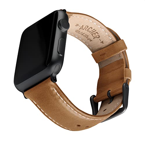 Archer Watch Straps - Uhrenarmbänder aus Hochwertigem Genarbtem Leder für Apple Watch (Kamelfarben/Naturweißes Garn, Space Grau, 42/44/45/49mm) von Archer Watch Straps
