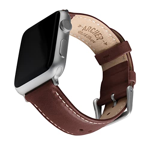 Archer Watch Straps - Uhrenarmbänder aus Hochwertigem Genarbtem Leder für Apple Watch (Mahagoni/Naturweißes Garn, Silber, 38/40/41mm) von Archer Watch Straps