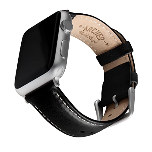 Archer Watch Straps - Uhrenarmbänder aus Hochwertigem Genarbtem Leder für Apple Watch (Schwarz/Naturweißes Garn, Silber, 42/44/45/49mm) von Archer Watch Straps