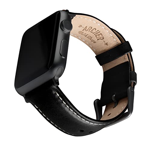 Archer Watch Straps - Uhrenarmbänder aus Hochwertigem Genarbtem Leder für Apple Watch (Schwarz/Naturweißes Garn, Space Grau, 42/44/45/49mm) von Archer Watch Straps