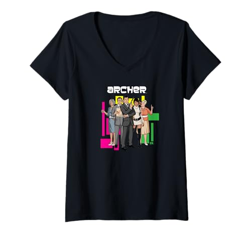 Damen Archer Character Collage Retro 60's Inspired Cartoon T-Shirt mit V-Ausschnitt Damen Archer Character Collage Retro 60's Inspired Cartoon T-Shirt mit V-Ausschnitt von Archer