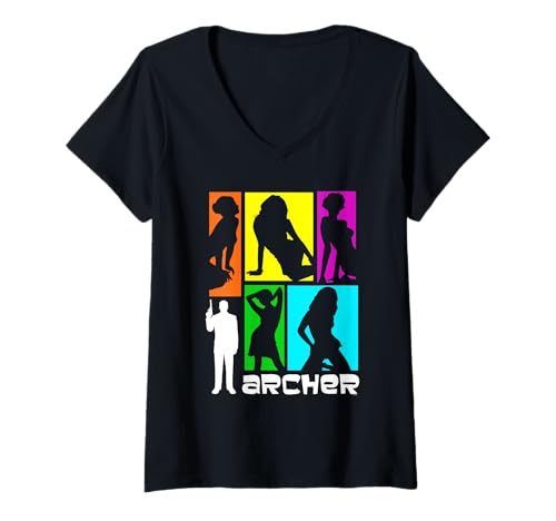 Damen Archer Colorful Retro Silhouettes 60's Inspired Cartoon T-Shirt mit V-Ausschnitt Damen Archer Colorful Retro Silhouettes 60's Inspired Cartoon T-Shirt mit V-Ausschnitt von Archer