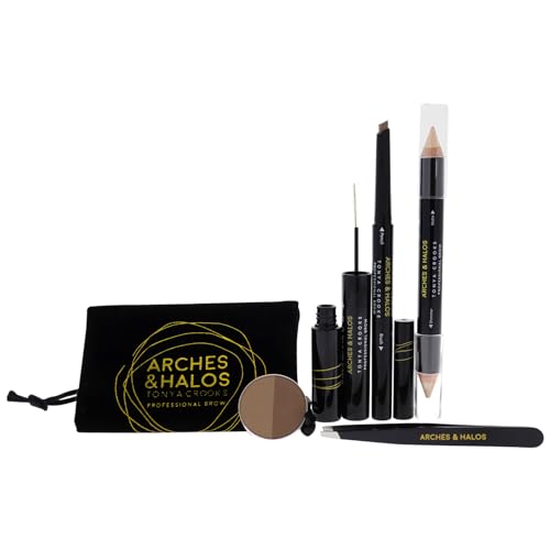 Arches and Halos Jetsetter Augenbrauen-Set – Licht für Damen, 6 Stück, 1 Pinzette, 0,3 g Bleistift, 2,5 g Puder, 5 g Buntstift, 0,176 Gel, Make-up-Tasche von Arches & Halos