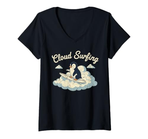 Damen Cloud Surfing Pinguin - Skurriles Sky Rider Fun T-Shirt mit V-Ausschnitt von Arctic Airwave Apparel - Dreamy Cloud Creations