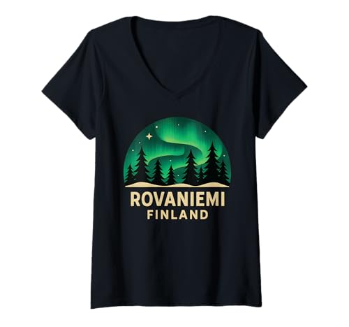 Damen Rovaniemi Finnland Northern Lights Aurora Borealis Arctic Fin T-Shirt mit V-Ausschnitt von Arctic Apparel Co
