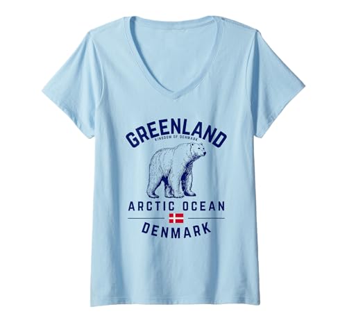Damen Grönland Eisbär Königreich Dänemark Dänische Flagge Arktis T-Shirt mit V-Ausschnitt von Arctic Ocean Greenland Polar Bear Danish Souvenirs