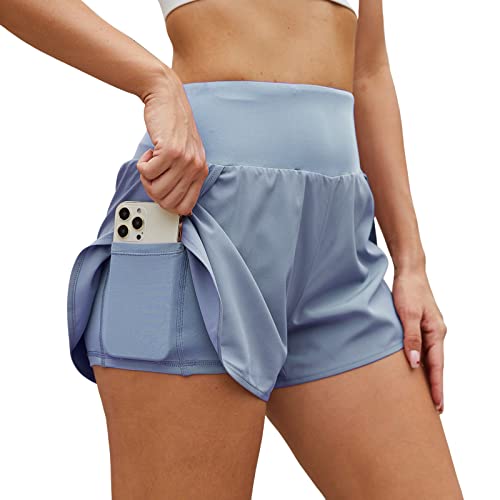 Arcweg 2 in 1 Laufhose Damen Sport Shorts Sommer Elastisch Schnelltrocknende Running Shorts für Sommer Yoga Fitness Joggen Gym Training mit Innenslip und Reißverschlusstasche Blau M（EU） von Arcweg