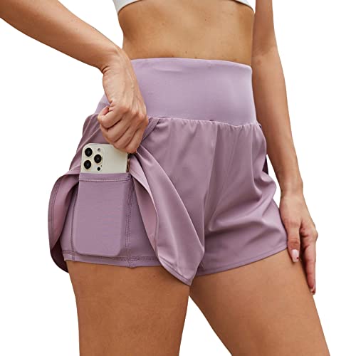 Arcweg 2 in 1 Laufhose Damen Sport Shorts Sommer Elastisch Schnelltrocknende Running Shorts für Sommer Yoga Fitness Joggen Gym Training mit Innenslip und Reißverschlusstasche Lila L（EU） von Arcweg