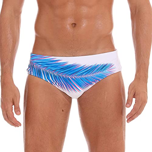 Arcweg Badehose Herren Badeslip Kurz Eng Jungen Schwimmhose Abnehmbares Pad Freizeit Kurze Badehose (S(EU)-MarkeGröße S, Taille 68-78c, Blaue Blätter) von Arcweg