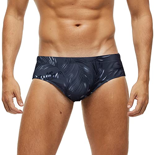 Arcweg Badehose Herren Badeslip Kurz Eng Jungen Schwimmhose Abnehmbares Pad Freizeit Kurze Badehose graue Blätter 2XL（EU von Arcweg