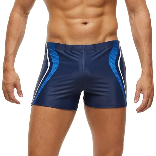 Arcweg Badehose Herren Eng Kurz Badeshorts mit Tunnelzug Elastische Schwimmhose mit herausnehmbarem Pad Wassersport Kurze Hose UV Schutz Schwimmwear Blauer Streifen XL（EU von Arcweg