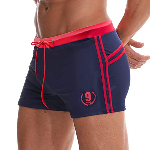 Arcweg Badehose Herren Eng Kurz Badeshorts mit Tunnelzug Schwimmhose Wassersport Kurze Hose UV Schutz Jungen Schwimmwear Schulschwimmen Marine/Rot M（EU von Arcweg