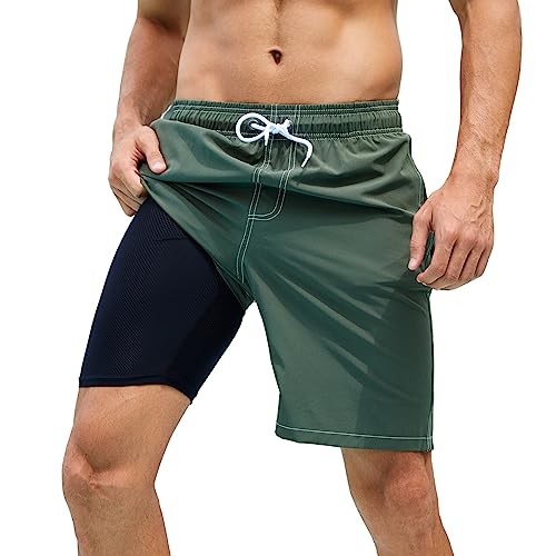 Arcweg Badehose für Herren Badeshorts mit Kompression 2 in 1 Schnelltrocknende Strandshorts Männer Elastisch Surf Shorts mit Reißverschlusstaschen XS-2XL Armee grün L（EU von Arcweg