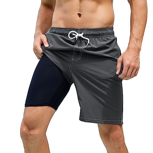 Arcweg Badehose für Herren Badeshorts mit Kompression 2 in 1 Schnelltrocknende Strandshorts Männer Elastisch Surf Shorts mit Reißverschlusstaschen XS-2XL Grau XXL（EU von Arcweg