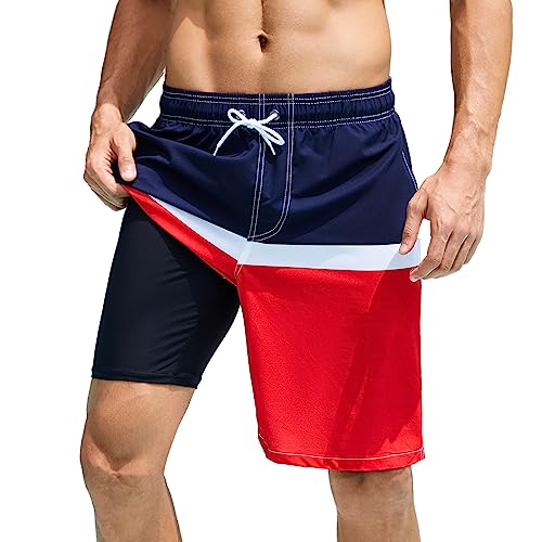 Arcweg Badehose für Herren Badeshorts mit Kompression 2 in 1 Schnelltrocknende Strandshorts Männer Elastisch Surf Shorts mit Reißverschlusstaschen XS-2XL Marine-weiß-rot L（EU von Arcweg