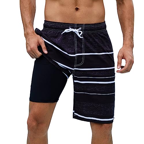 Arcweg Badehose für Herren Badeshorts mit Kompression 2 in 1 Schnelltrocknende Strandshorts Männer Elastisch Surf Shorts mit Reißverschlusstaschen XS-2XL Schwarz-grau-gestreift XXL（EU von Arcweg