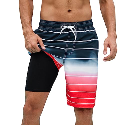 Arcweg Badehose für Herren Badeshorts mit Kompression 2 in 1 Schnelltrocknende Strandshorts Männer Elastisch Surf Shorts mit Reißverschlusstaschen XS-2XL Schwarz-rot L（EU von Arcweg