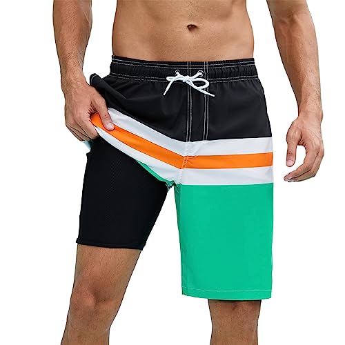 Arcweg Badehose für Herren Badeshorts mit Kompression 2 in 1 Schnelltrocknende Strandshorts Männer Elastisch Surf Shorts mit Reißverschlusstaschen XS-2XL Schwarz-weiß-grün L（EU von Arcweg