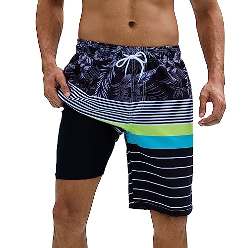 Arcweg Badehose für Herren Badeshorts mit Kompression 2 in 1 Schnelltrocknende Strandshorts Männer Elastisch Surf Shorts mit Reißverschlusstaschen XS-2XL Schwarzer Streifendruck M（EU von Arcweg