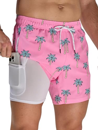 Arcweg Badehose für Herren Badeshorts mit Kompression Liner 2 in 1 Schnelltrocknend Strandhose Männer Elastisch Surf Shorts mit Reißverschlusstaschen Rosa Kokosnussbaum XL（EU von Arcweg