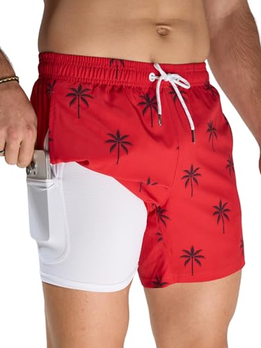 Arcweg Badehose für Herren Badeshorts mit Kompression Liner 2 in 1 Schnelltrocknend Strandhose Männer Elastisch Surf Shorts mit Reißverschlusstaschen Rotschwarzer Kokosnussbaum XL（EU von Arcweg