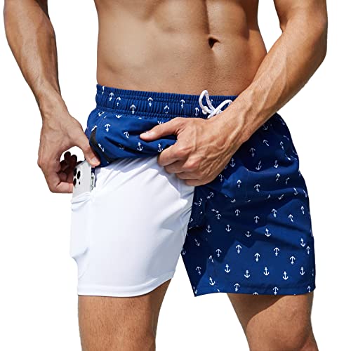 Arcweg Badehose für Herren Jungen Badeshorts mit Kompression Liner 2 in 1 Schnelltrocknend Strandhose Männer Elastisch Surf Shorts mit Reißverschlusstaschen Anker L（EU von Arcweg