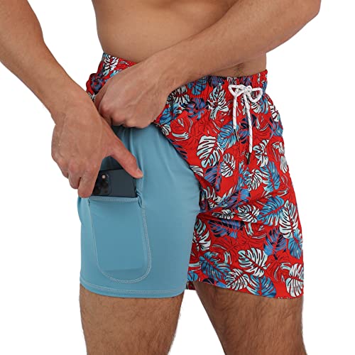 Arcweg Badehose für Herren Jungen Badeshorts mit Kompression Liner 2 in 1 Schnelltrocknend Strandhose Männer Elastisch Surf Shorts mit Reißverschlusstaschen Blatt S（EU von Arcweg