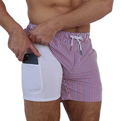 Arcweg Badehose für Herren Jungen Badeshorts mit Kompression Liner 2 in 1 Schnelltrocknend Strandhose Männer Elastisch Surf Shorts mit Reißverschlusstaschen Blau-Rote Streifen L（EU von Arcweg