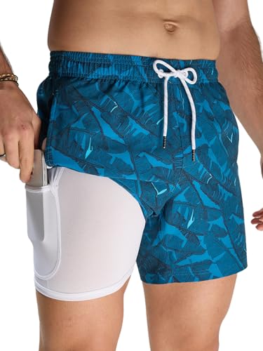 Arcweg Badehose für Herren Badeshorts mit Kompression Liner 2 in 1 Schnelltrocknend Strandhose Männer Elastisch Surf Shorts mit Reißverschlusstaschen Blaues Bananenblatt XL（EU von Arcweg