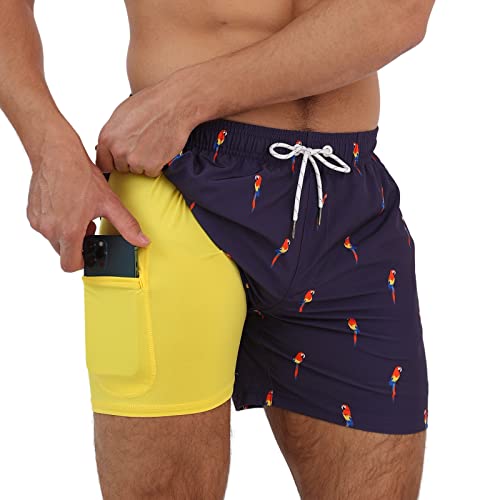 Arcweg Badehose für Herren Jungen Badeshorts mit Kompression Liner 2 in 1 Schnelltrocknend Strandhose Männer Elastisch Surf Shorts mit Reißverschlusstaschen Blaupapagei S（EU von Arcweg