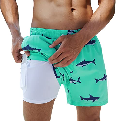 Arcweg Badehose für Herren Jungen Badeshorts mit Kompression Liner 2 in 1 Schnelltrocknend Strandhose Männer Elastisch Surf Shorts mit Reißverschlusstaschen Hai L（EU von Arcweg