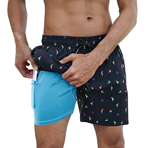 Arcweg Badehose für Herren Jungen Badeshorts mit Kompression Liner 2 in 1 Schnelltrocknend Strandhose Männer Elastisch Surf Shorts mit Reißverschlusstaschen Papagei L（EU von Arcweg