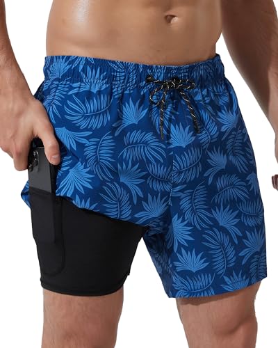 Arcweg Badehose für Herren Jungen Badeshorts mit Kompression Liner 2 in 1 Schnelltrocknend Strandshorts mit innenhose Männer Elastisch Surf Shorts mit Reißverschlusstaschen L（EU） von Arcweg