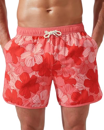 Arcweg Badehose für Herren Vintage Retro 2 in 1 Badeshorts Kurzen Boardshorts Schnelltrocknend mit Kompression und Verstellbarem Tunnelzug Rote Blume XXL（EU von Arcweg