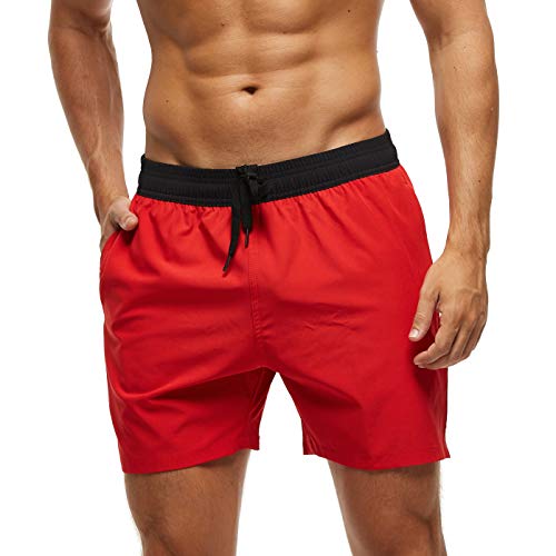 Arcweg Badehose für Herren mit Reißverschlusstasche Atmungsaktiv Wasserabweisend Badeshorts Männer Trainingsshorts Elastisch Verstellbar Mit Tunnelzug Meshfutter Schwarz/Rot XL(EU) von Arcweg