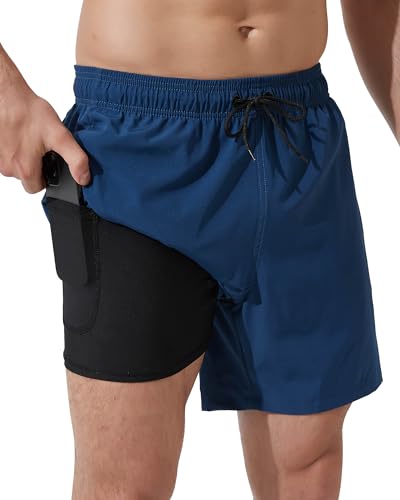 Arcweg Badehose für Herren mit Kompression Liner 2 in 1 Atmungsaktiv Badeshorts Männer Elastisch Trainingsshorts Verstellbar Tunnelzug mit Reißverschlusstaschen Blau2 XXL (EU) von Arcweg
