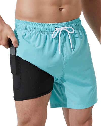 Arcweg Badehose für Herren mit Kompression Boxershorts Liner 2 in 1 Badeshorts Männer Jungen Elastisch Schwimmhose Beachshorts Boardshorts Strand Shorts Himmelblau L（EU von Arcweg