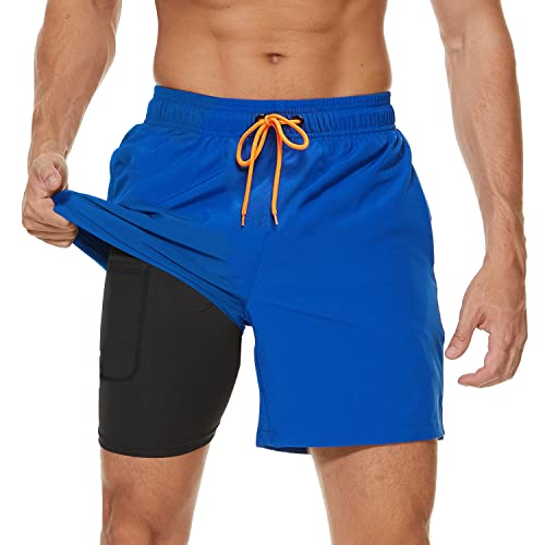 Arcweg Badehose für Herren mit Kompression Liner 2 in 1 Atmungsaktiv Badeshorts Männer Elastisch Trainingsshorts Verstellbar Tunnelzug mit Reißverschlusstaschen Dunkelblau 2XL von Arcweg