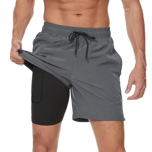 Arcweg Badehose für Herren mit Kompression Liner 2 in 1 Atmungsaktiv Badeshorts Männer Elastisch Trainingsshorts Verstellbar Tunnelzug mit Reißverschlusstaschen Grau L (EU) von Arcweg