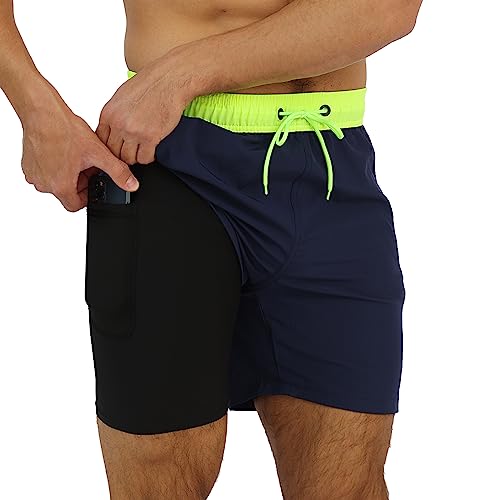 Arcweg Badehose für Herren mit Kompression Liner 2 in 1 Atmungsaktiv Badeshorts Männer Elastisch Trainingsshorts Verstellbar Tunnelzug mit Reißverschlusstaschen Grün+Marineblau S（EU） von Arcweg