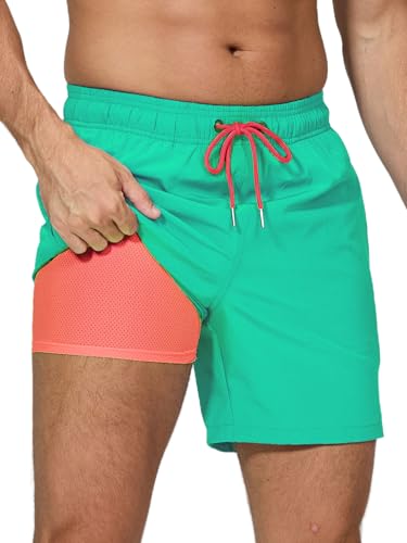 Arcweg Badehose für Herren mit Kompression Liner 2 in 1 Atmungsaktiv Badeshorts Männer Elastisch Trainingsshorts Verstellbar Tunnelzug mit Reißverschlusstaschen Grüner See S (EU) von Arcweg