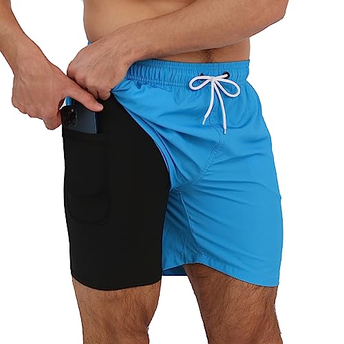 Arcweg Badehose für Herren mit Kompression Liner 2 in 1 Atmungsaktiv Badeshorts Männer Elastisch Trainingsshorts Verstellbar Tunnelzug mit Reißverschlusstaschen Königsblau 2XL von Arcweg