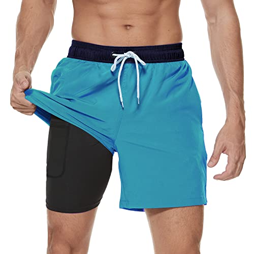 Arcweg Badehose für Herren mit Kompression Liner 2 in 1 Atmungsaktiv Badeshorts Männer Elastisch Trainingsshorts Verstellbar Tunnelzug mit Reißverschlusstaschen Marine+Blau L（EU） von Arcweg