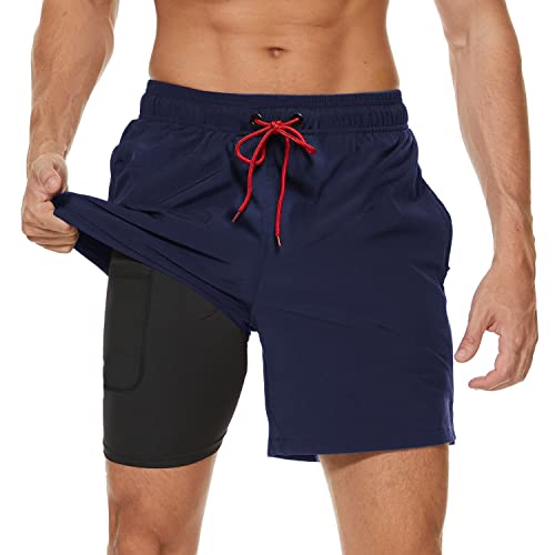 Arcweg Badehose für Herren mit Kompression Liner 2 in 1 Atmungsaktiv Badeshorts Männer Elastisch Trainingsshorts Verstellbar Tunnelzug mit Reißverschlusstaschen Marine 2XL von Arcweg