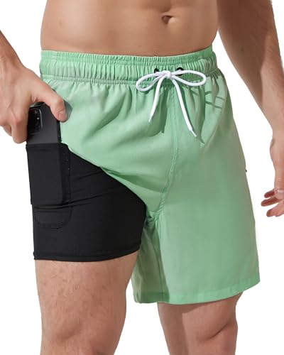 Arcweg Badehose für Herren mit Kompression Liner 2 in 1 Atmungsaktiv Badeshorts Männer Elastisch Trainingsshorts Verstellbar Tunnelzug mit Reißverschlusstaschen Mint Green 4XL (EU) von Arcweg