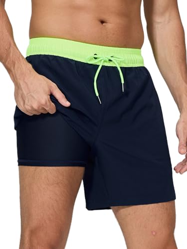 Arcweg Badehose für Herren mit Kompression Liner 2 in 1 Atmungsaktiv Badeshorts Männer Elastisch Trainingsshorts Verstellbar Tunnelzug mit Reißverschlusstaschen Neu Grün+Marineblau XL (EU) von Arcweg