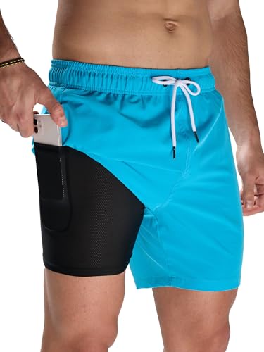 Arcweg Badehose für Herren mit Kompression Liner 2 in 1 Atmungsaktiv Badeshorts Männer Elastisch Trainingsshorts Verstellbar Tunnelzug mit Reißverschlusstaschen Neu Himmelblau M (EU) von Arcweg