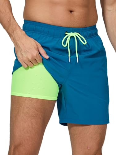 Arcweg Badehose für Herren mit Kompression Liner 2 in 1 Atmungsaktiv Badeshorts Männer Elastisch Trainingsshorts Verstellbar Tunnelzug mit Reißverschlusstaschen Pfauenblau XXL (EU) von Arcweg