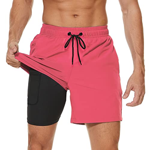 Arcweg Badehose für Herren mit Kompression Liner 2 in 1 Atmungsaktiv Badeshorts Männer Elastisch Trainingsshorts Verstellbar Tunnelzug mit Reißverschlusstaschen Rosa L（EU） von Arcweg